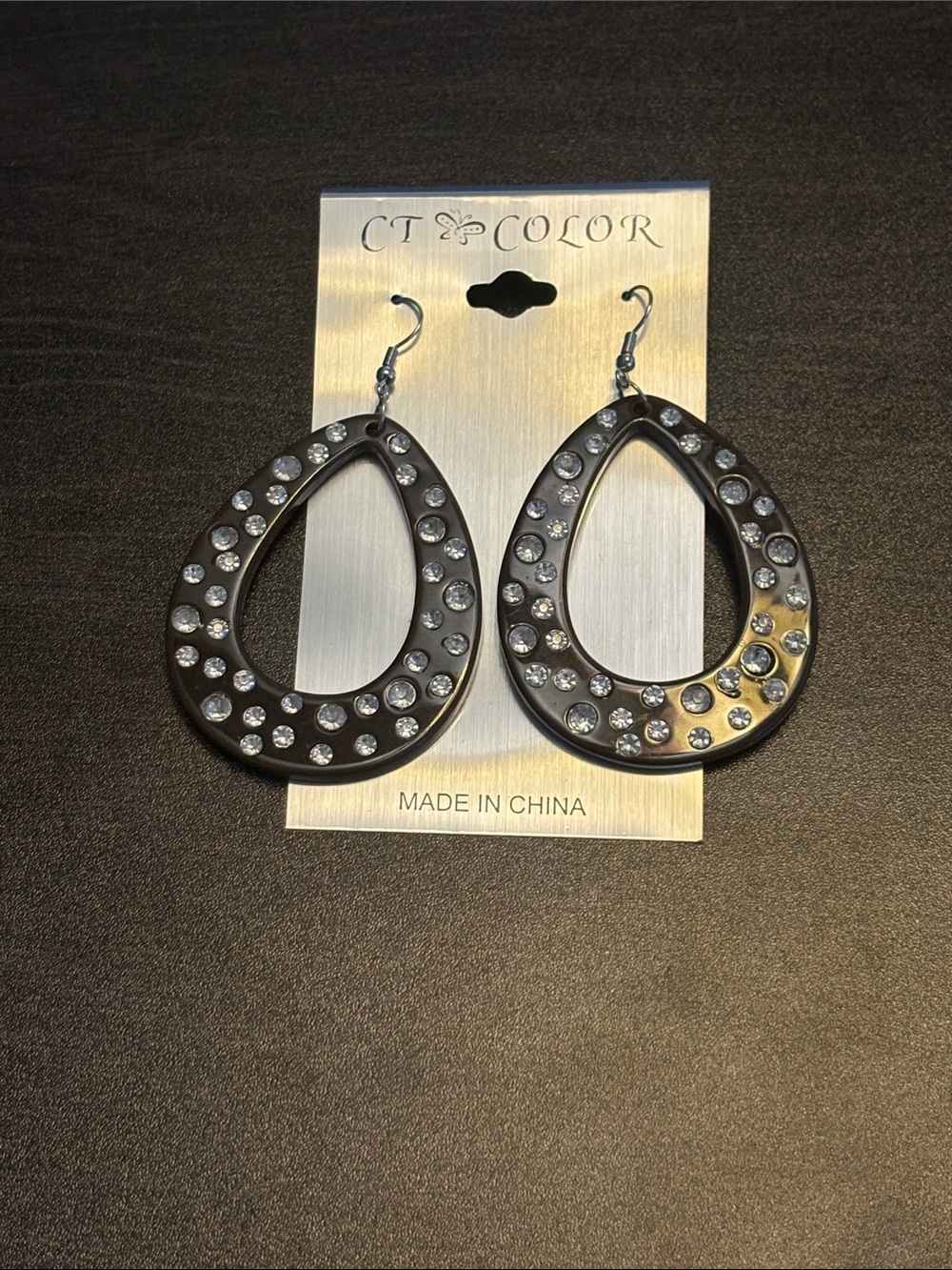 Brown Crystal Tear Drop Hoop Earrings